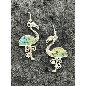 Flamingo Dangle Earrings Silver tone Abalone Coastal Summer Cruise Vacation